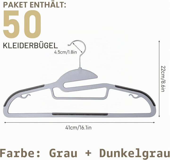50 Stück Kleiderbügel Kunststoff, Rutschfester Kunststoffbügel mit Gummistreifen und 360° Drehbarem
