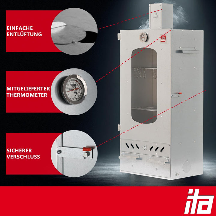 ITA Räucherofen 7012 - Smoker Set mit Heizelement, Tisch & Räucherspänen - Räucherschrank mit 3 Etag