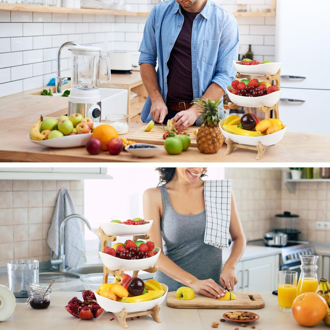 Dreamhigh® Keramik Obst Etagere mit 3 Etagen, Platzsparendes Obstkorb Etagere für die Familie, Stabi