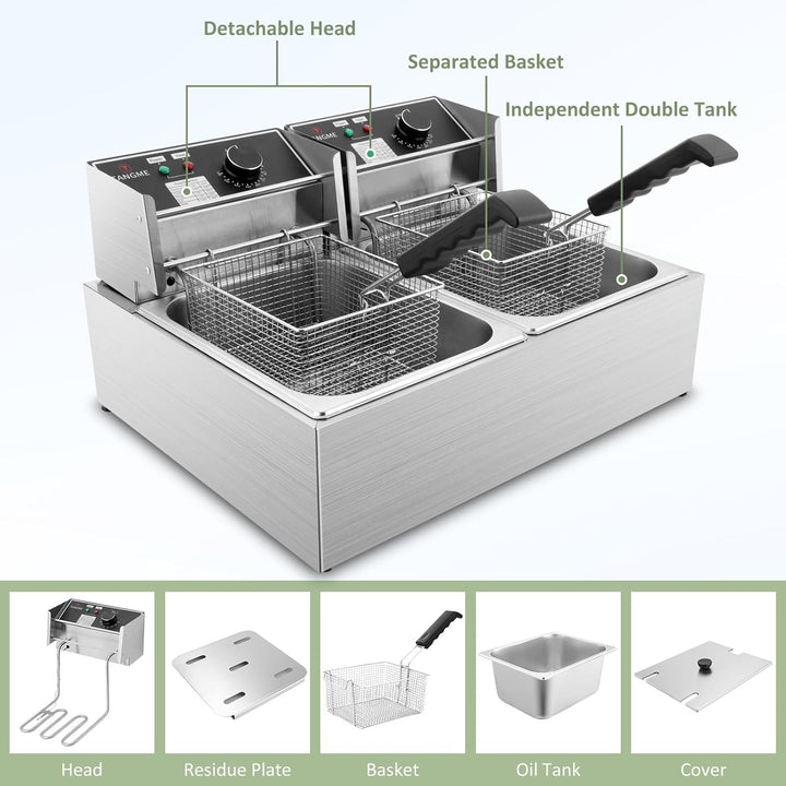 TANGME Kommerzielle Fritteuse, 5000W Elektrische Fritteuse mit 2x6L Körben 0,8mm Edelstahl Doppelter