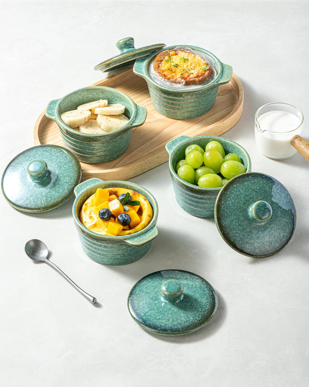 HENXFEN LEAD Mini Cocottes aus Steinzeug, 230ml Auflaufförmchen Souffle Förmchen mit Deckel, 4er-Set
