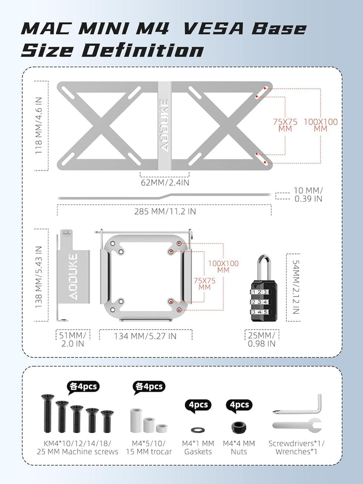 Aluminum Alloy 2024 Mac Mini M4 with Combination Lock Security Bracket, Compatible with VESA Hole Mo