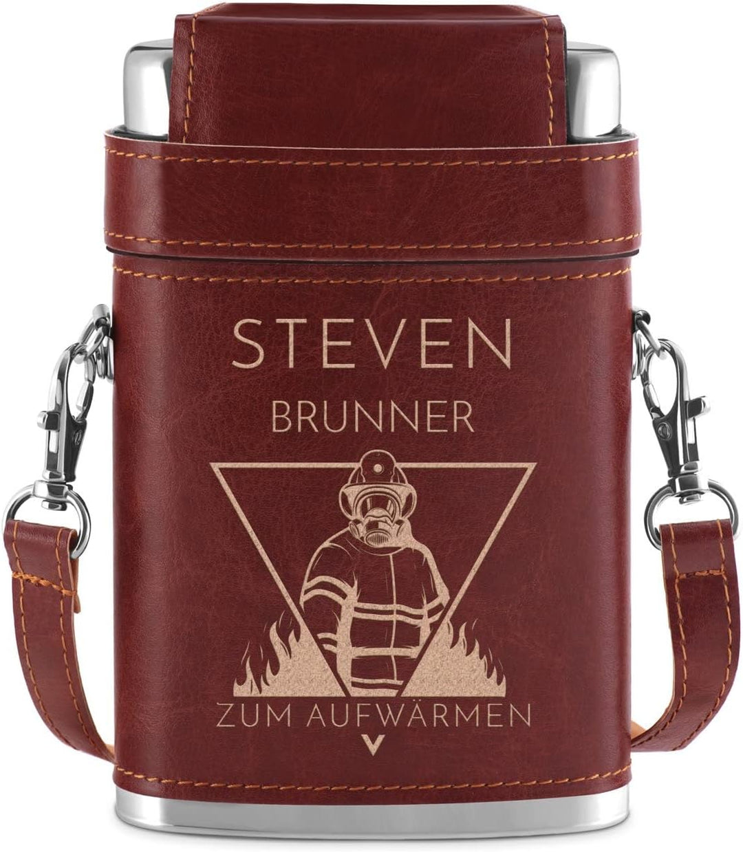 Maverton Flachmann mit Gravur - personalisiert - 250 ml - 3x10 ml Becher - aus Edelstahl - Ledertasc