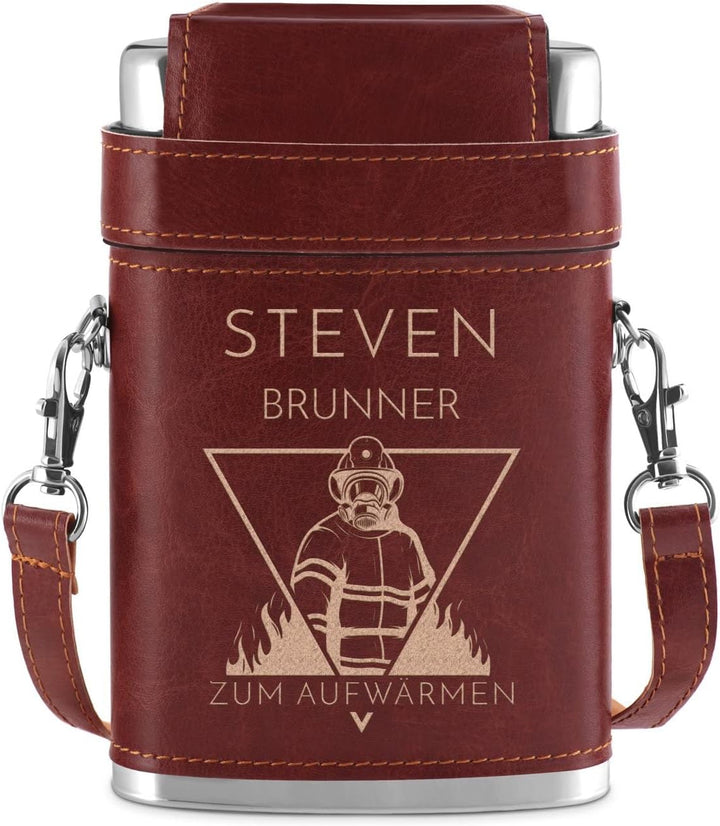 Maverton Flachmann mit Gravur - personalisiert - 250 ml - 3x10 ml Becher - aus Edelstahl - Ledertasc