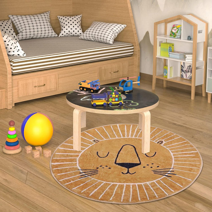 Teppich Runder ø 100 cm, Braun gelb wenig Löwe Kopf Muster, Teppiche fürs Kinderzimmer Wohnzimmer Es