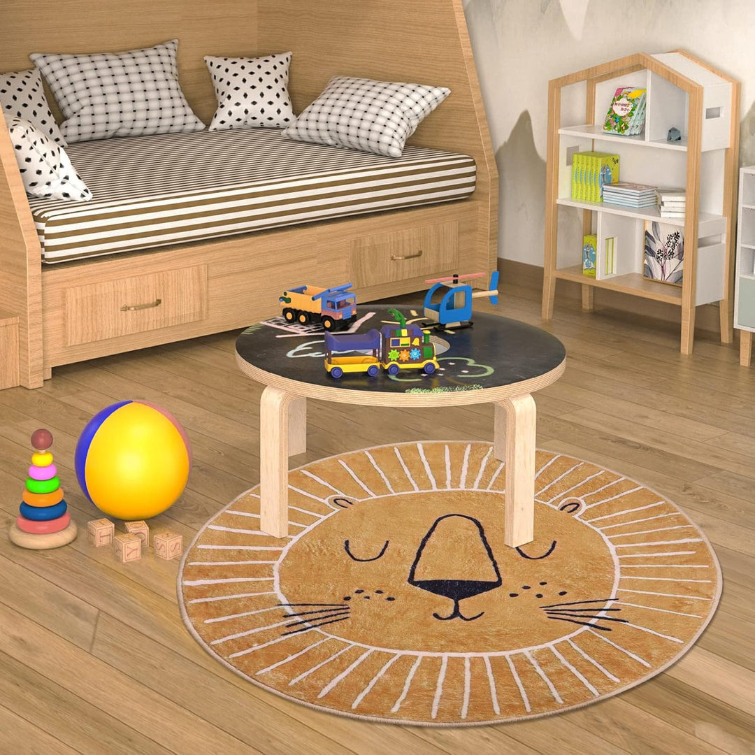 Teppich Runder ø 80 cm, Braun gelb wenig Löwe Kopf Muster, Kinderteppich, Anti-Rutsch Unterseite, Wa