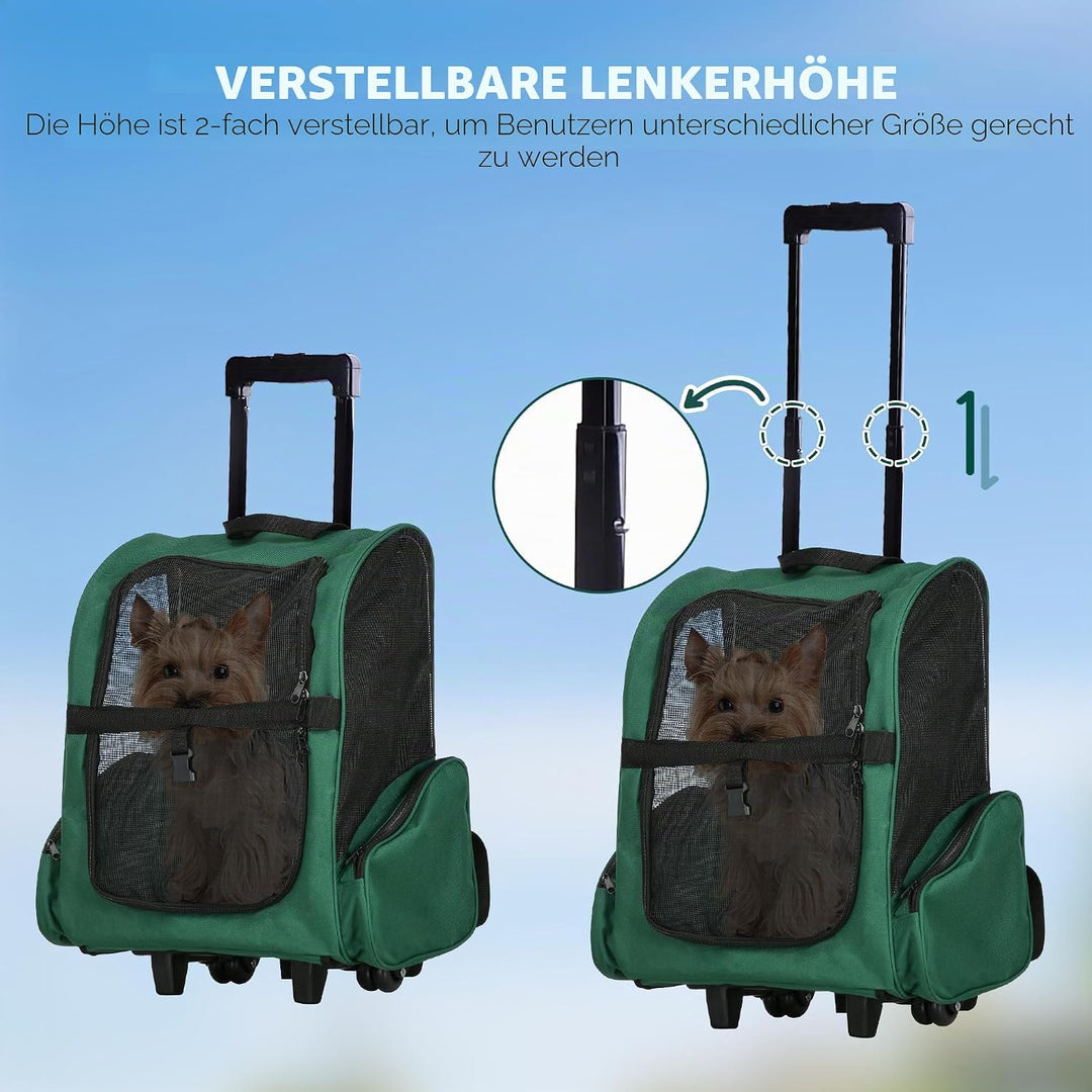 PawHut 2-in-1 Rucksackträger für Haustiere mit Rädern 42x25x55cm Grün | Seitentaschen, Teleskopgriff