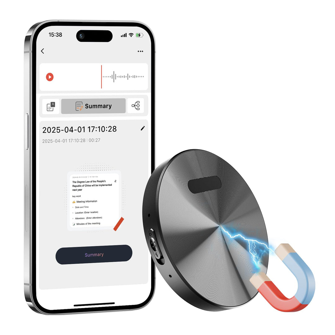 KI Digitales Diktiergerät 64GB – Magnetisches Mini-Aufnahmegerät mit ChatGPT 4o, App-Steuerung, Echt