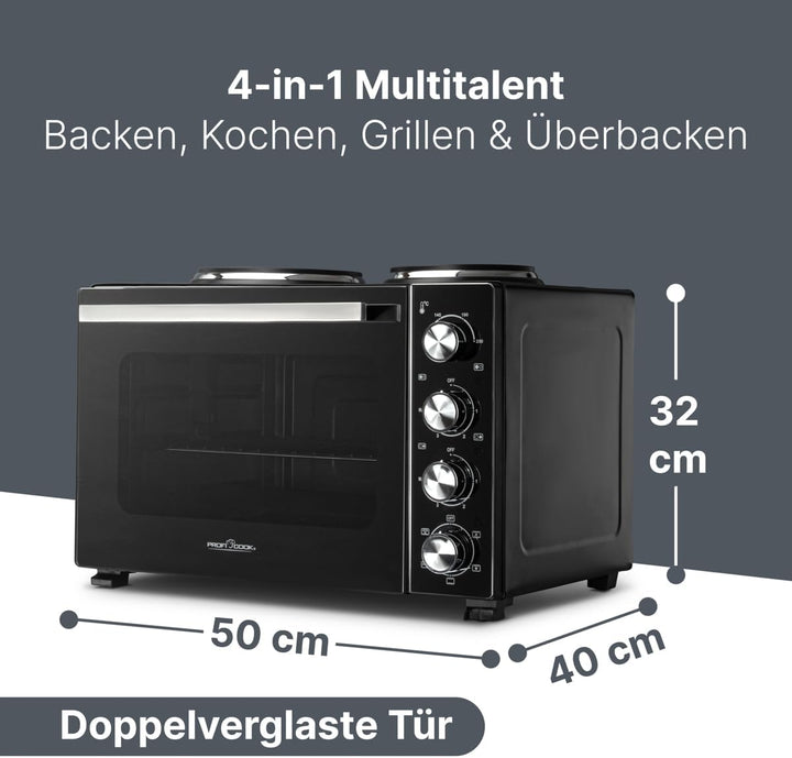 ProfiCook Minibackofen mit Kochplatten und Drehspiess | 32L | Umluft, Oberhitze, Unterhitze, Drehspi