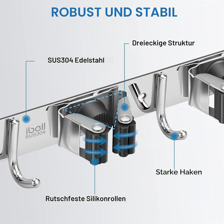 Besenhalterung Wand, ibell Gerätehalter Wandhalterung Edelstahl mit 4 Halter und 5 Haken, Gartengerä