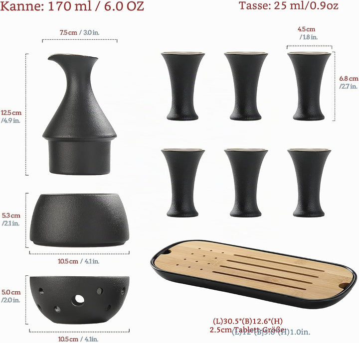 TEANAGOO Sake Set Japanisches Traditionell, Sake ReisweinSake, Karaffe (170 ml) mit 6 Sake Becher (2