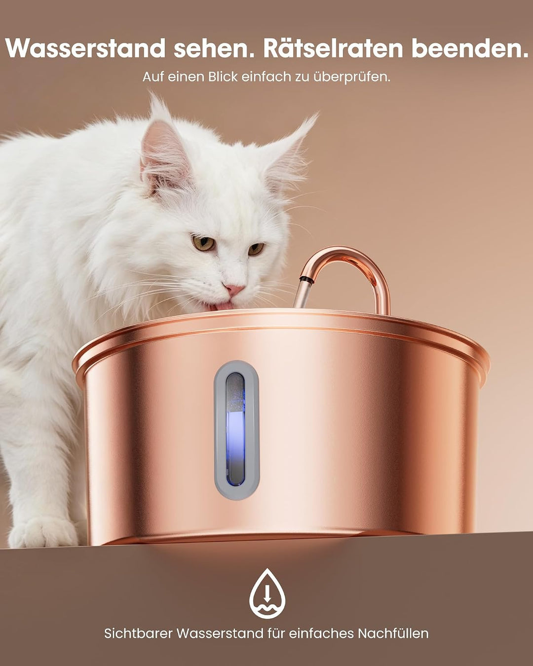 Kittyspout Katzenbrunnen 3,2L aus Edelstahl, mit 3 Filtern und Sichtfenster | Besonders leiser Trink