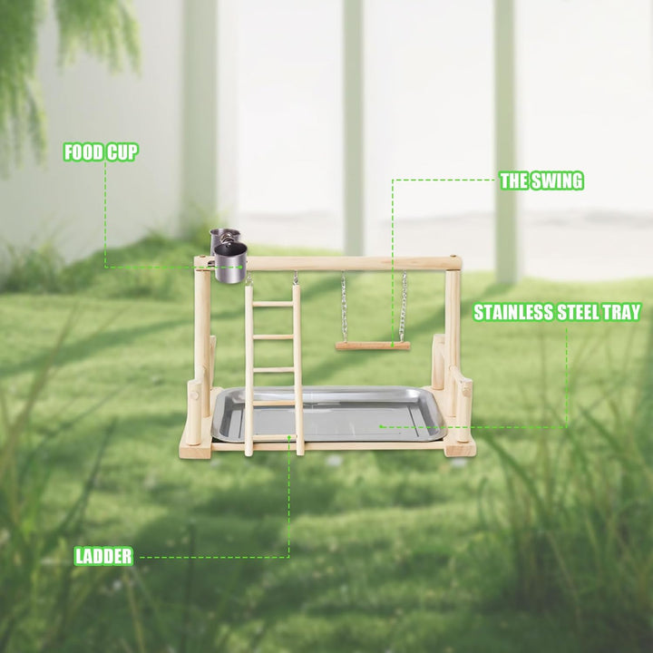 Vogel Spielplatz, Holz Wellensittich Spielplatz Freisitz mit 2 Edelstahl Feeder-Cup Spielzeug Leiter