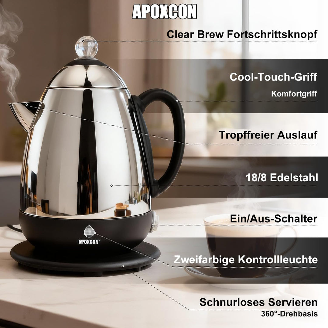 APOXCON Edelstahl-Kaffeekanne mit Permanentfilter 1,5 Liter (10 Tassen) mit Glasdeckel, garantiert t