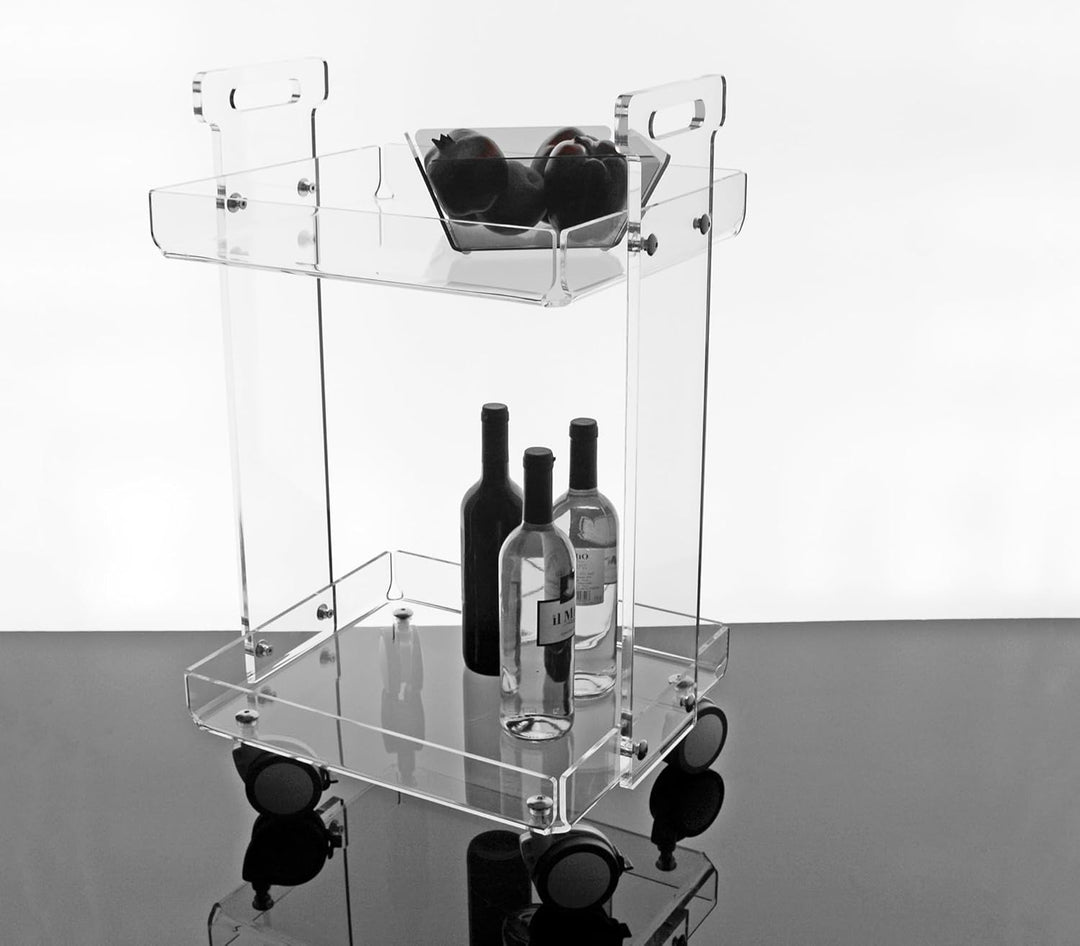 Slato Vinny Küchenwagen für Wohnzimmer und Küche mit Rädern, Vitrine mit zwei Ablagen aus Acrylkrist
