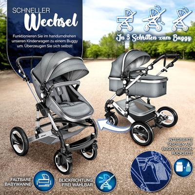 KIDUKU® 3 in 1 Kinderwagen XXL Komplettset | Kombikinderwagen Set inkl. Babywanne Buggy Sportsitz &