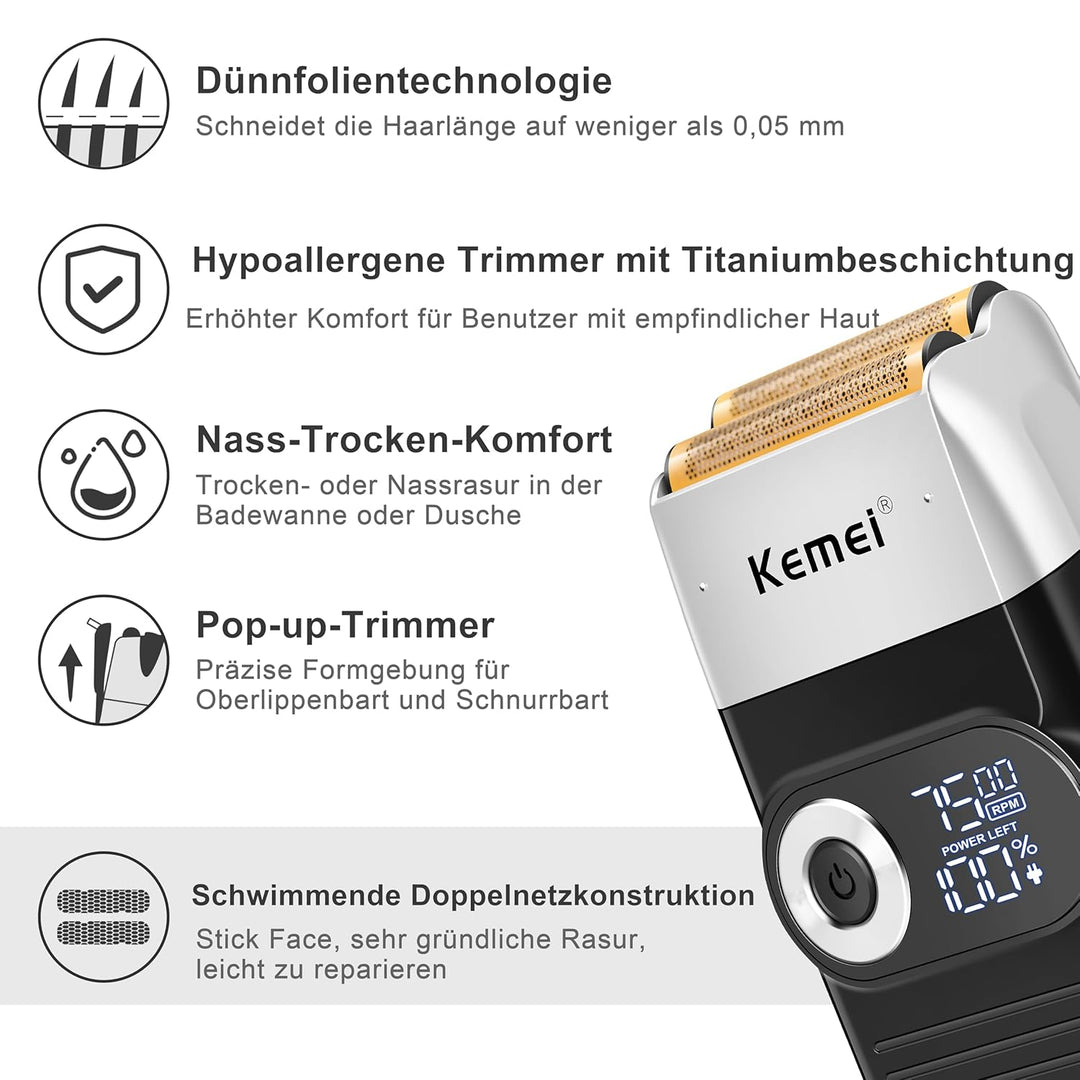 KEMEI Folienrasierer für Männer Elektrischer Rasierer mit Kahlrasur Schnurlose Elektrorasierer mit L