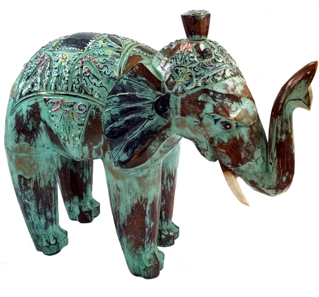 GURU SHOP Geschnitzter Elefant - Grün, Holz, Grösse: Klein (16x18x7 Cm), Tierfiguren klein (16*18*7