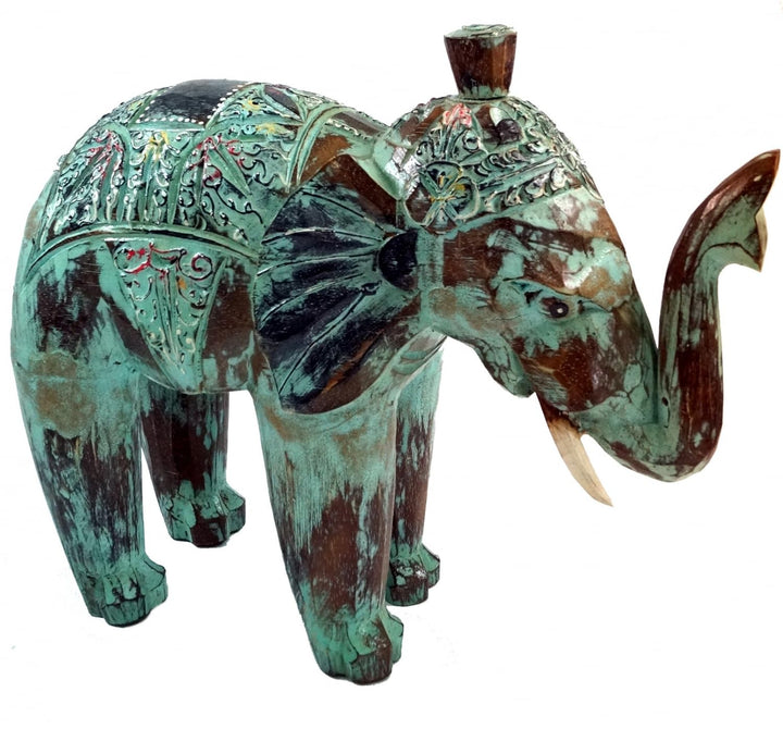 GURU SHOP Geschnitzter Elefant - Grün, Holz, Grösse: Klein (16x18x7 Cm), Tierfiguren klein (16*18*7