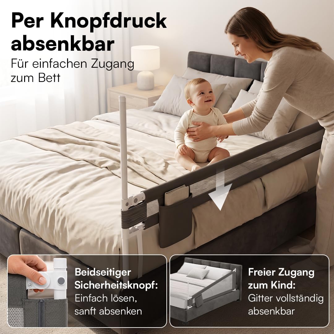 Bellabino Drina Rausfallschutz 150 cm, mit Sicherheitsgurt, Dunkelgrau | Bettschutzgitter, Bettgitte