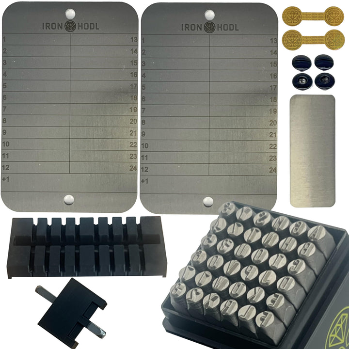 Cold Wallet Stanzbuchstaben Set mit Schablone + Testplatte, Schrauben, Sticker, Box (2x 24+1) Recove
