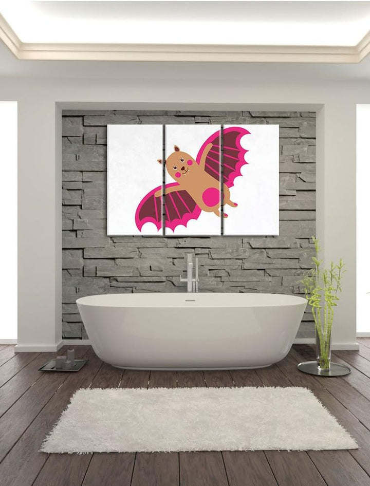 Pixxprint Niedliche Fledermaus / 3-Teilig/Gesamtmass 120cm Leinwandbild bespannt auf Holzrahmen/Wand