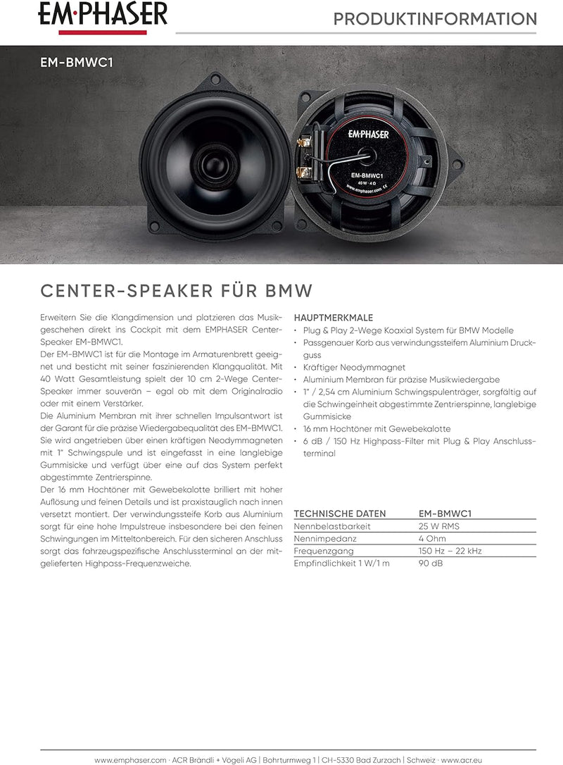 EMPHASER EM-BMWC1 – Plug & Play 10 cm / 4 Zoll Center-Speaker, Lautsprecher zur Armaturenbrett Monta