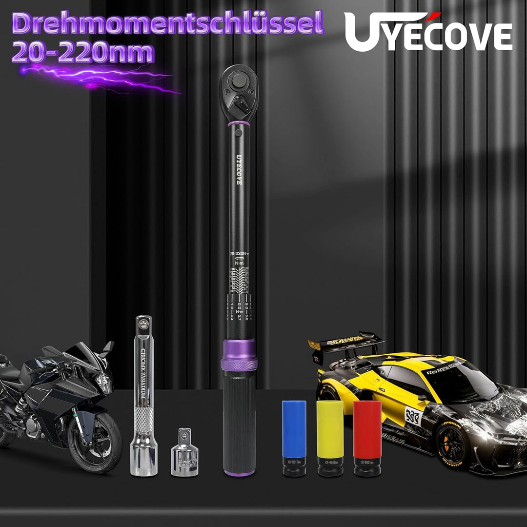 UYECOVE Drehmomentschlüssel 1/2", 20-220Nm Drehmomentschlüssel Auto Drehmomentschlüssel Set 6Tlg.1/2