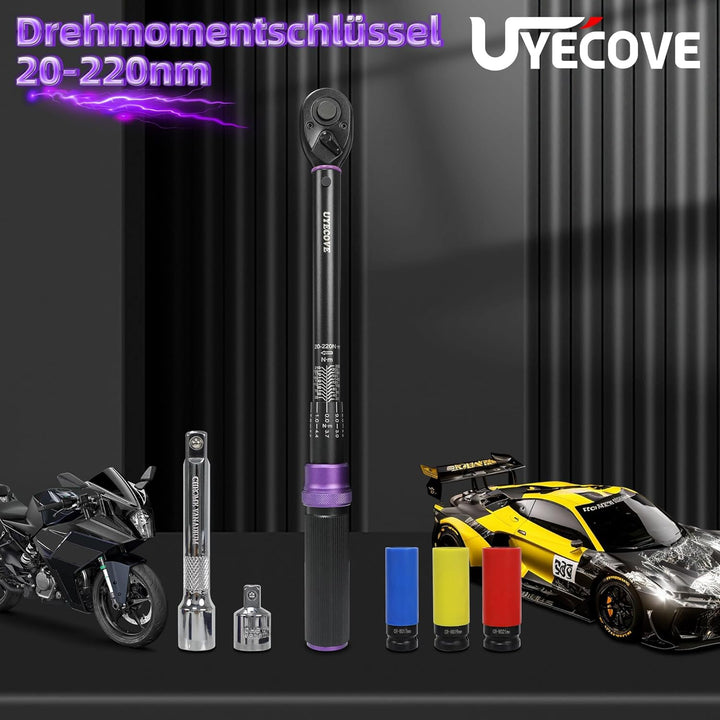 UYECOVE Drehmomentschlüssel 1/2", 20-220Nm Drehmomentschlüssel Auto Drehmomentschlüssel Set 6Tlg.1/2