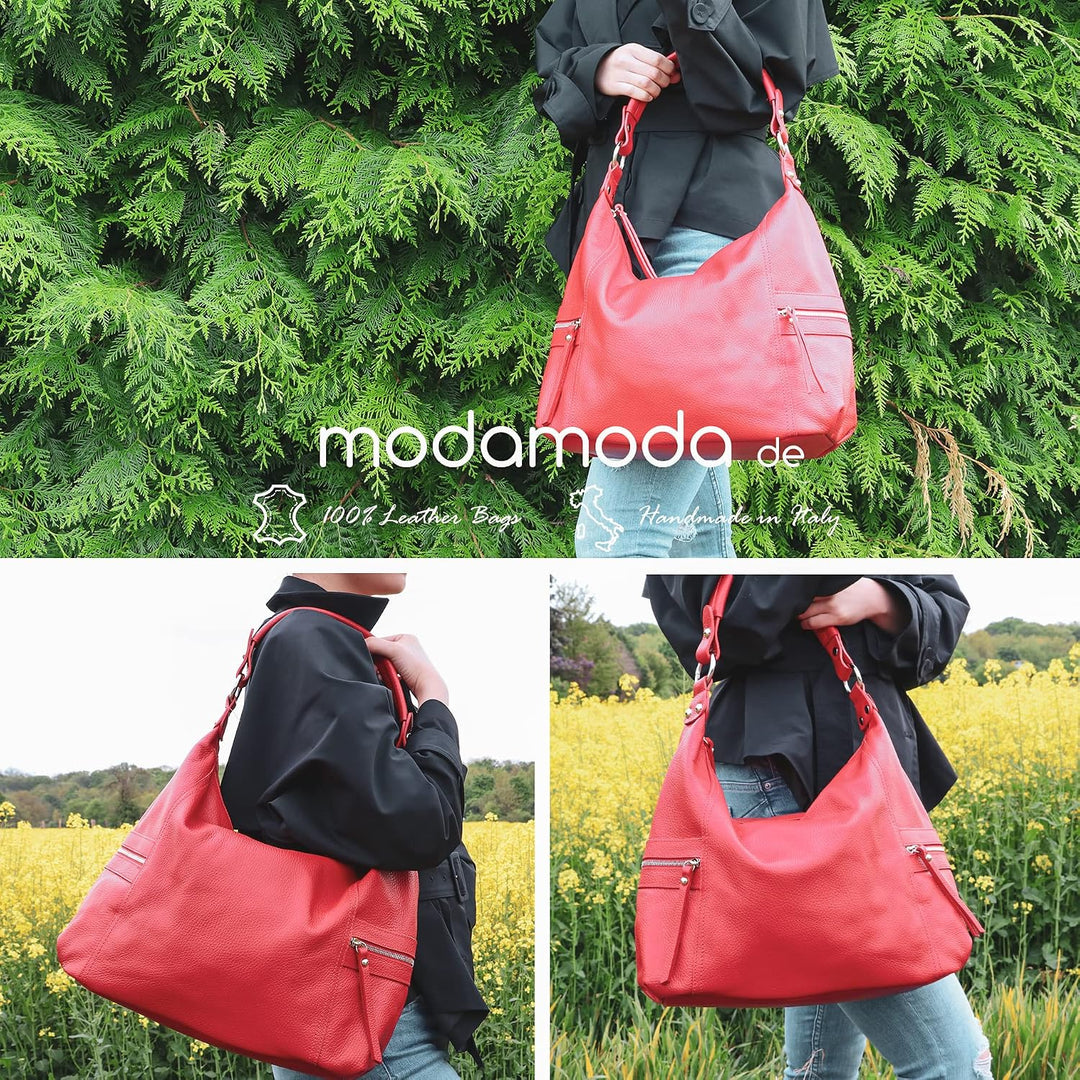 modamoda de - T229 - ital Schultertasche Shopper aus Leder Altrosa, Altrosa