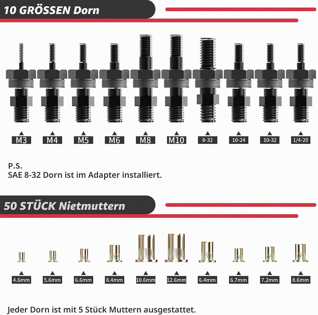 Beaspire Nietmuttern Adapter Kit für Elektrische Bohrmaschine, Profi Akkubohrer/Treiber Niet-Adapter