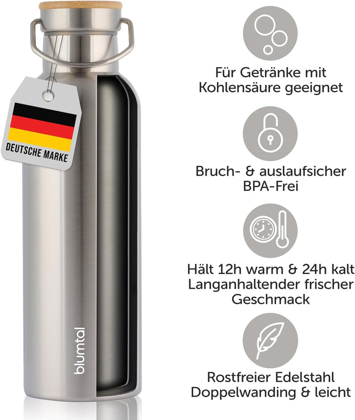 Blumtal Thermosflasche, 750 ml, doppelwandige Edelstahlflasche, 750 ml, BPA-frei, 750 ml, Edelstahlf