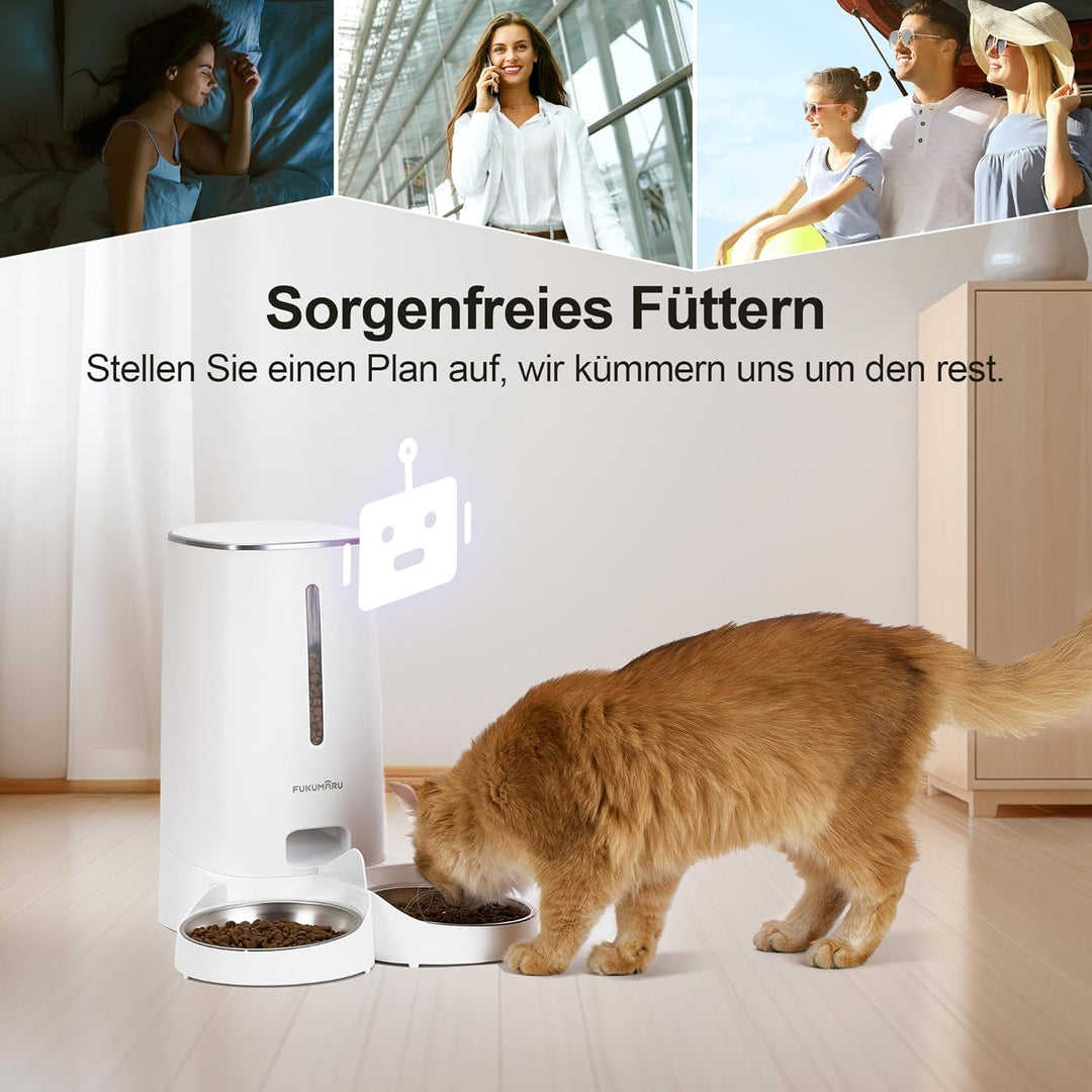 FUKUMARU Futterautomat Katze, 4L Katzenfutter Automat WiFi mit Doppelnäpfen, Automatischer Futterspe