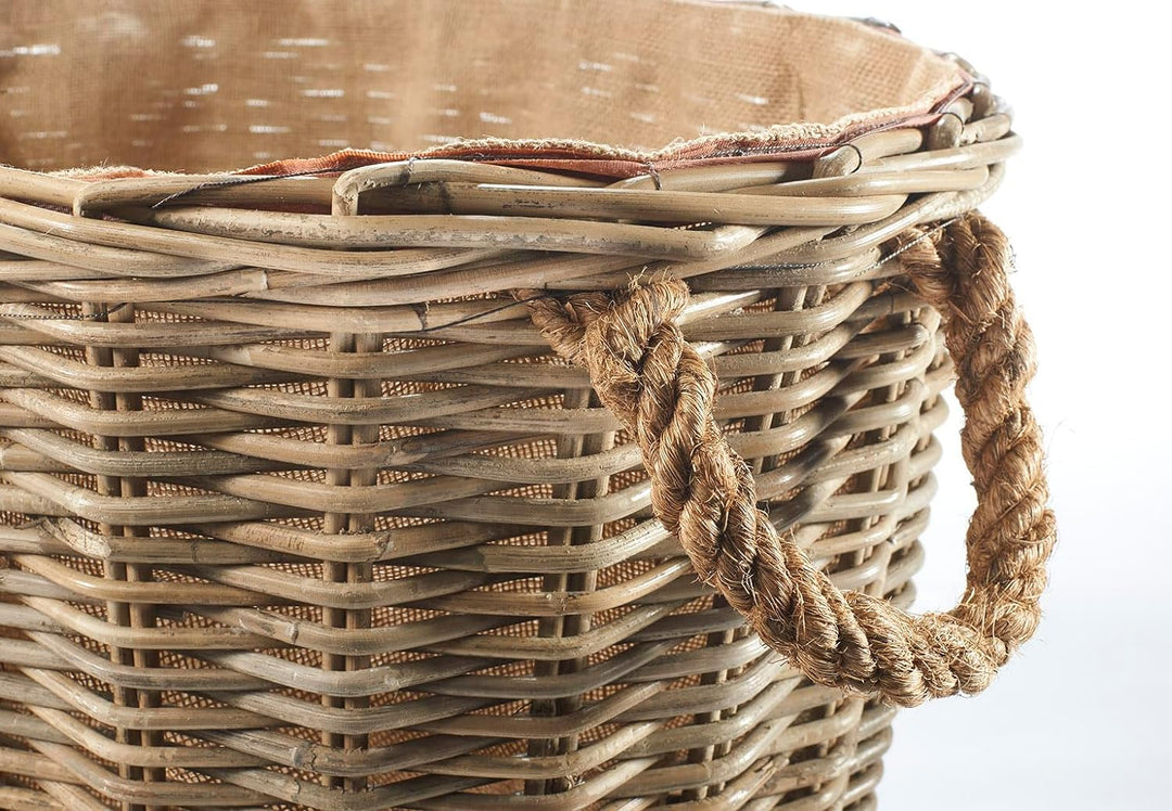 Kobolo Holztrage Holzkorb für Kaminholz oval - Rattan grau - mit Jutestoff ausgestattet - 1870