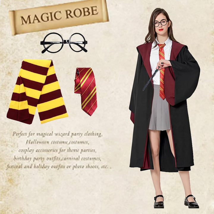 Magic Robe, Umhang,4PCS Zauberer Cosplay Kostüm für Erwachsene,with Cape,Magic Wand,Glasses,Scarf,Ti