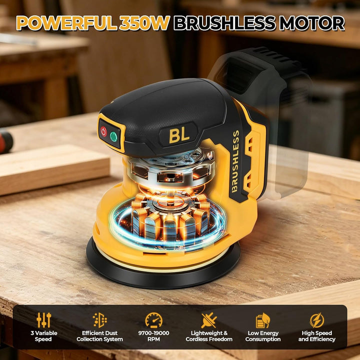 Akku-Exzenterschleifer, Kompatibel mit Dewalt 20V Batterie, 3 Geschwindigkeiten, 9700-19000 U/min Bü