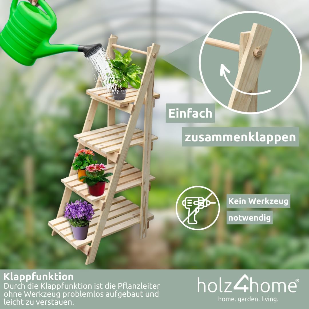 holz4home® Pflanzleiter mit 4 Ablagen I Grösse: 52,5 x 109 x 35 cm I Blumentreppe aus Tannenholz hel