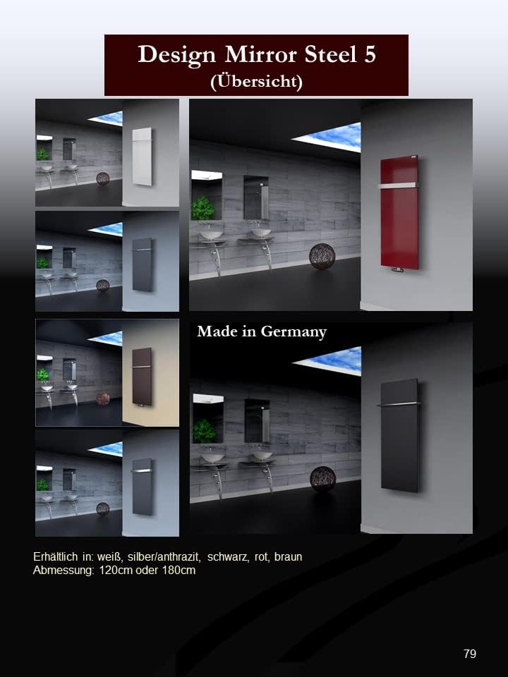 BADHEIZKÖRPER Design Mirror Steel 2 120x47cm 799 W schwarz +1 Halter 30mm SZAGATO Handtuchwärmer Han