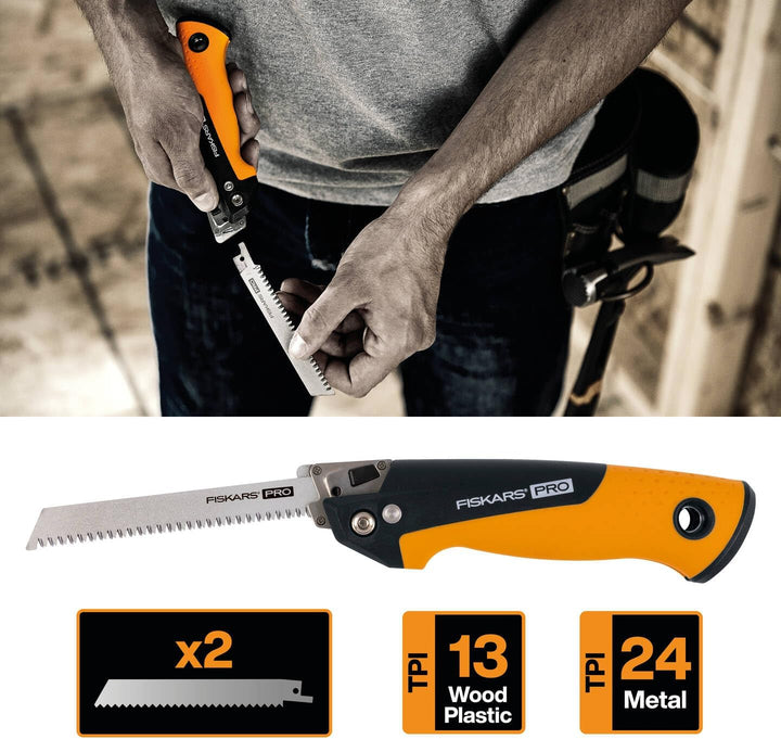 Fiskars Pro Kompakte Klappsäge, Inkl. 2 Sägeblättern, Sägeblattlänge: 15 cm, 13 TPI und 24 TPI, Schw