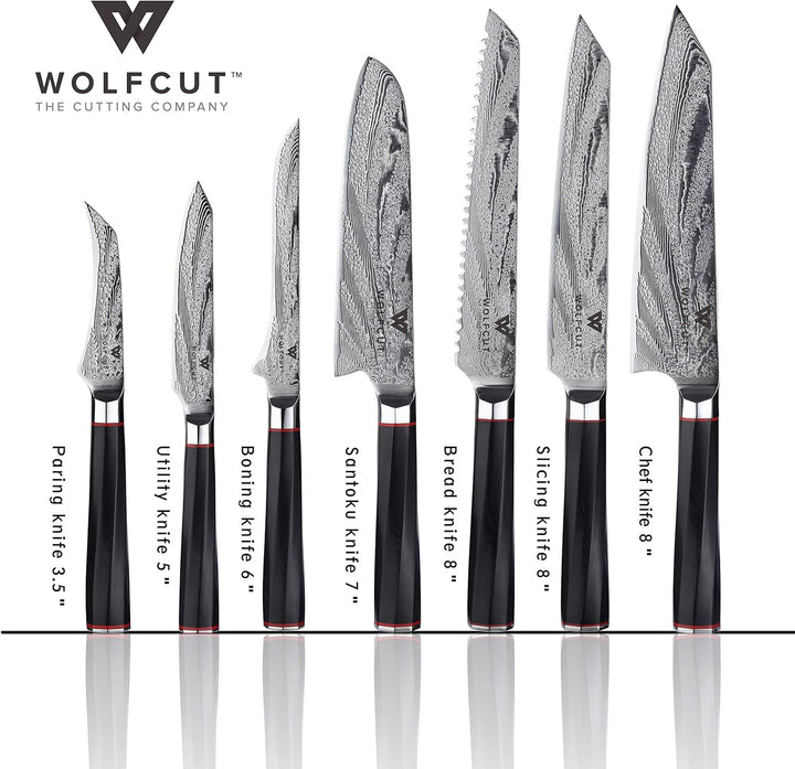 Wolfcut Damascus 73- lagiger japanischer Damaszener Stahl Messer-Set 9tlg. + Wetzstahl+ Messerblock