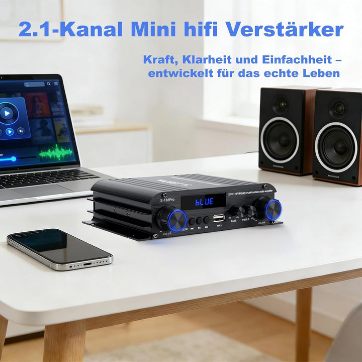 2.1 Kanal Mini hifi Verstärker - Bluetooth 5.3 Audioverstärker mit 1000W Peak | 50W×2 RMS + Subwoofe