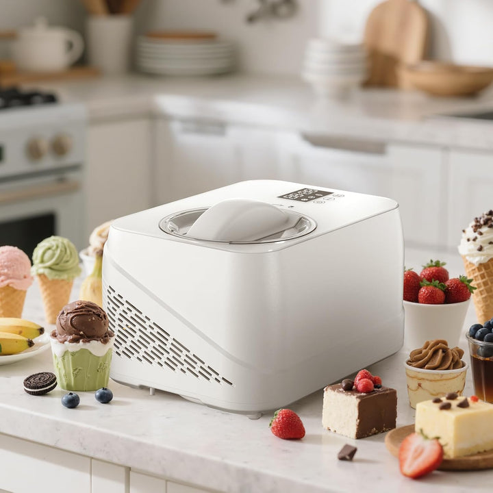 Eismaschine mit Kompressor 1L, Eismaschine Selbstkühlend mit Entnehmbarem Eisbehälter, inkl. Spatel/