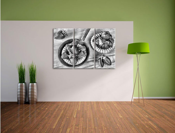 Pixxprint Süsse Erdbeertörtchen als Leinwandbild/Grösse: 3 Teilig (120x80) cm/Wandbild/Kunstdruck/fe