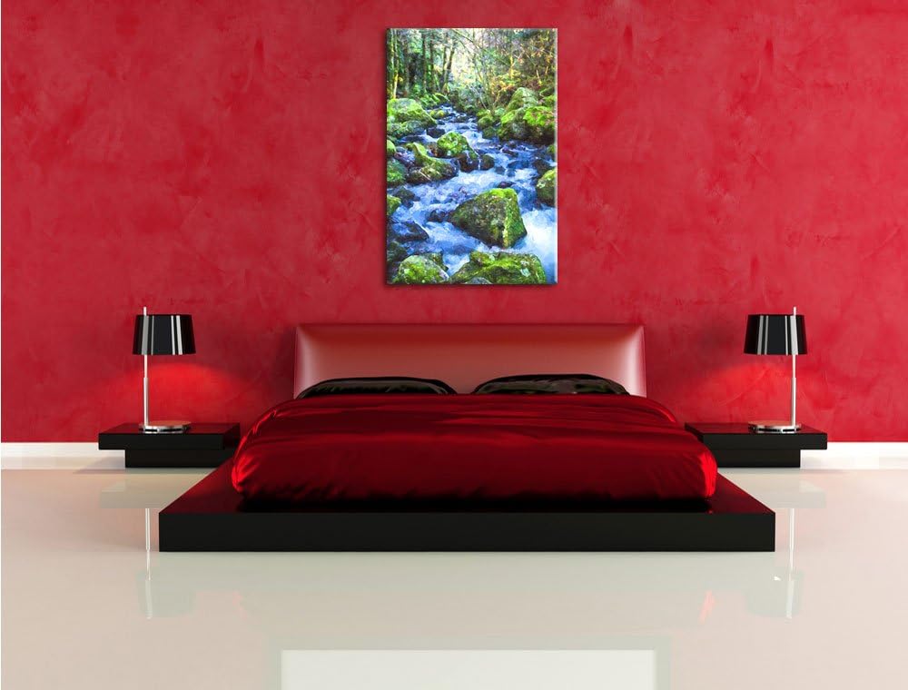 Pixxprint Wilder Bach im Wald als Leinwandbild/Grösse: 100x70 cm/Wandbild/Kunstdruck/fertig bespannt