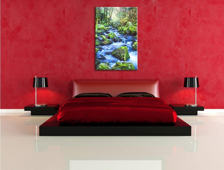 Pixxprint Wilder Bach im Wald als Leinwandbild/Grösse: 100x70 cm/Wandbild/Kunstdruck/fertig bespannt