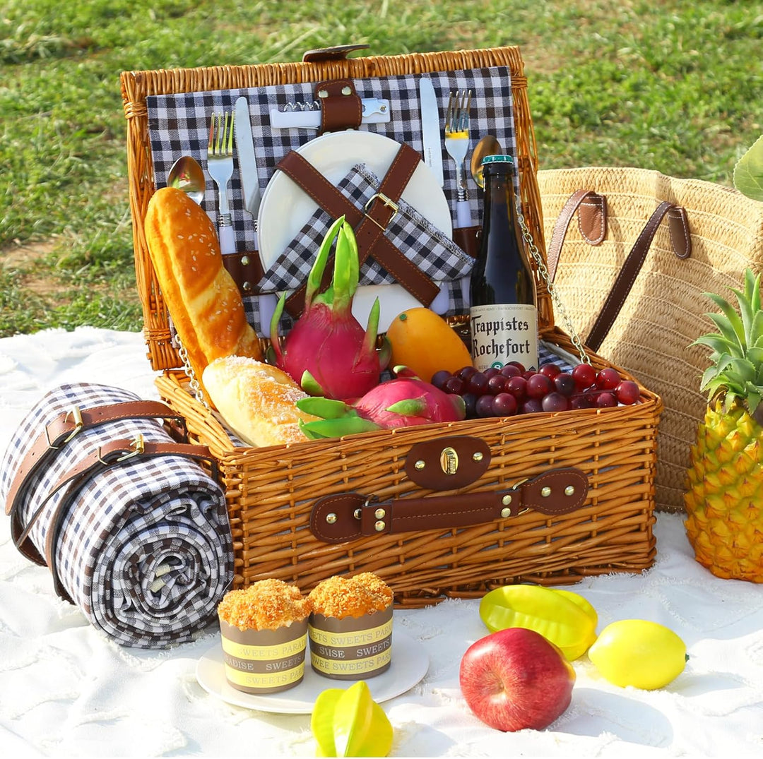 Picknickkorb Set für 2 Person mit Kühlfach und wasserdichte Picknickdecke, Abnehmbarer Riemen, Weinb