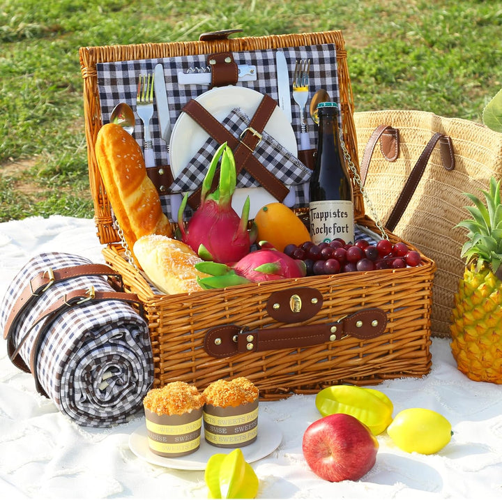 Picknickkorb Set für 2 Person mit Kühlfach und wasserdichte Picknickdecke, Abnehmbarer Riemen, Weinb