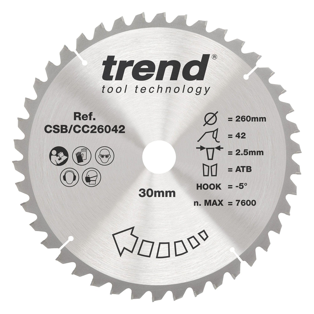 Trend CraftPro Negative Hook Crosscutting TCT Kreissägeblatt, 260mm Durchmesser x 42 Zähne x 30mm Bo