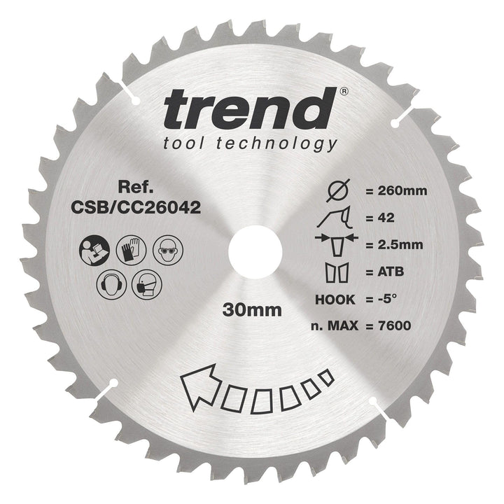 Trend CraftPro Negative Hook Crosscutting TCT Kreissägeblatt, 260mm Durchmesser x 42 Zähne x 30mm Bo