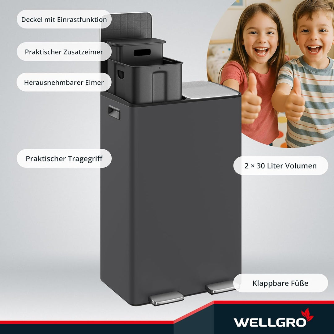 WELLGRO Treteimer grau, Mülleimer, Edelstahl Tretmülleimer mit 2 x 30 Liter, klappbaren Fusspedalen,